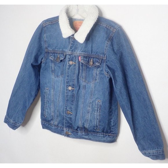 LEVI’S Youth Kid Size Medium 10-12 Sherpa Lined Trucker Denim Jacket Vintage - Picture 1 of 5